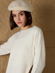 women off white round neck high slit sweater sfswsh7687