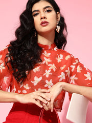 women red floral organza boxy top sftops40521