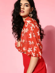 women red floral organza boxy top sftops40521