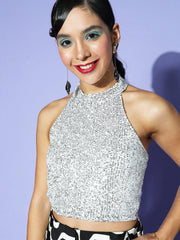 Sassafras - Women Silver Sequence Mesh Net Halter Neck Crop Top