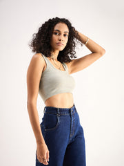 SASSAFRAS - Women Grey Rib Square Neck Cropped Tank Top
