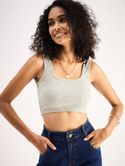 SASSAFRAS - Women Grey Rib Square Neck Cropped Tank Top