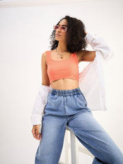 ساسافراس - توب نسائي قصير بياقة مربعة مضلعة بلون الخوخ