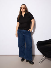 Women Black Rib Front Zipper Polo Neck Top