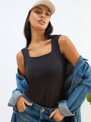 Women Black Rhombus Neck Sleeveless Bodysuit