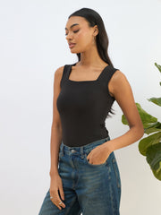 Women Black Rhombus Neck Sleeveless Bodysuit