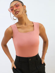 Women Pink Rhombus Neck Sleeveless Bodysuit
