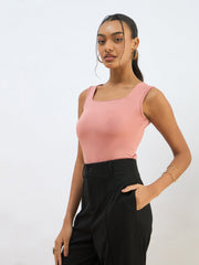 Women Pink Rhombus Neck Sleeveless Bodysuit