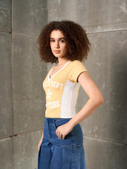 Women Beige & White NEW YORK Fitted T-Shirt