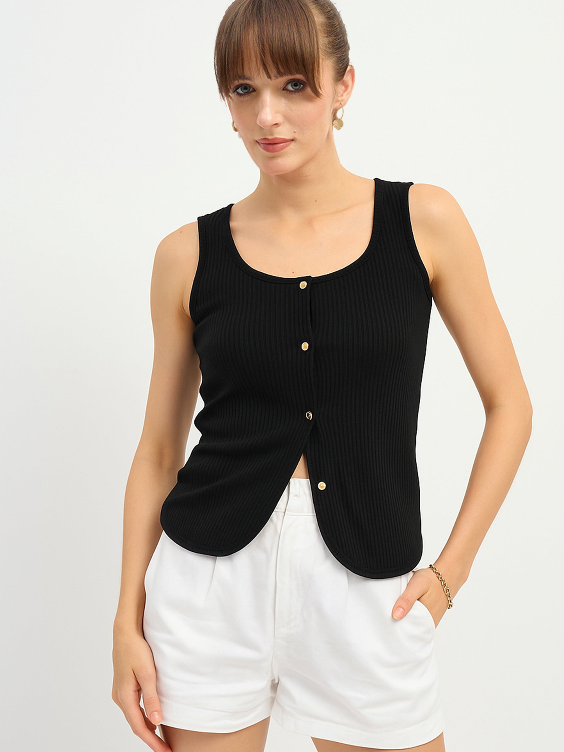 women black square neck button down top