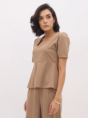 Women Beige Square Neck Front Slit Top