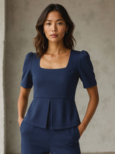 Women Blue Square Neck Front Slit Top