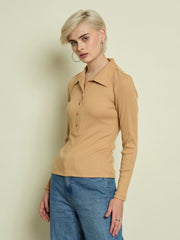 Tan Rib Polo Neck Full Sleeves Top SASSAFRAS