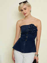 Navy Denim Corsage Button Down Top SASSAFRAS