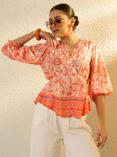 Orange Conversational Print V Neck Regular Top SASSAFRAS