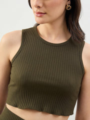 Olive Rib Overlock Hem Crop Tank Top SASSAFRAS BASICS