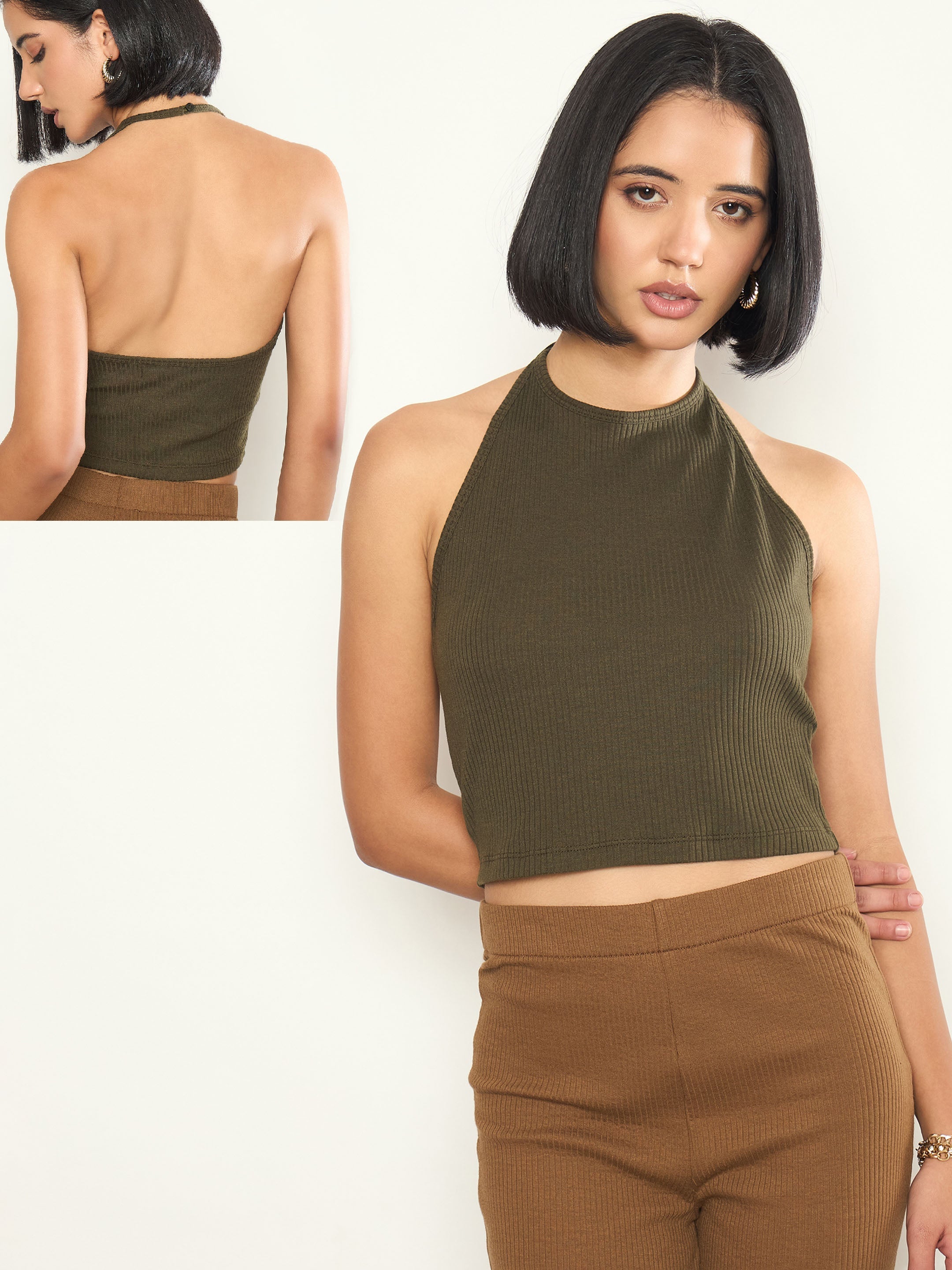 Olive Rib Halter Neck Crop Top SASSAFRAS