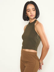 Olive Rib Halter Neck Crop Top SASSAFRAS