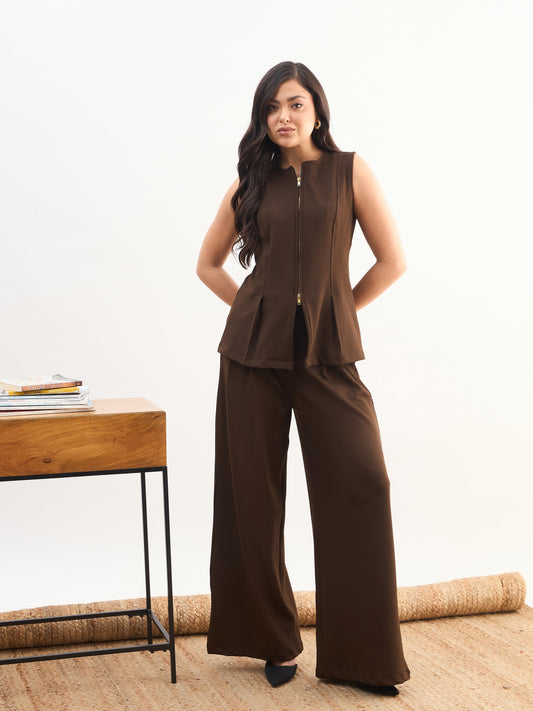 Coffee Brown Round Neck Front Zipper Top-SASSAFRAS worklyf