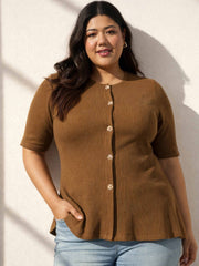 Women Brown Rib Button Down Peplum Top