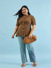 Women Brown Rib Button Down Peplum Top