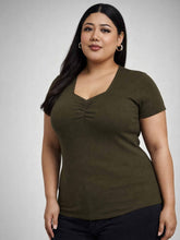 Women Olive Rib Front Ruched Lace Top