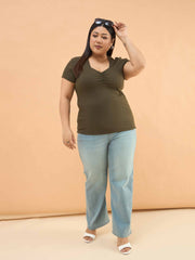 Women Olive Rib Front Ruched Lace Top