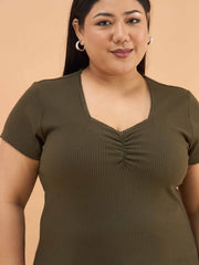 Women Olive Rib Front Ruched Lace Top
