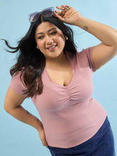 Women Pink Rib Front Ruched Lace Top