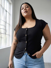 Women Black Rib Square-Neck Button Down Top