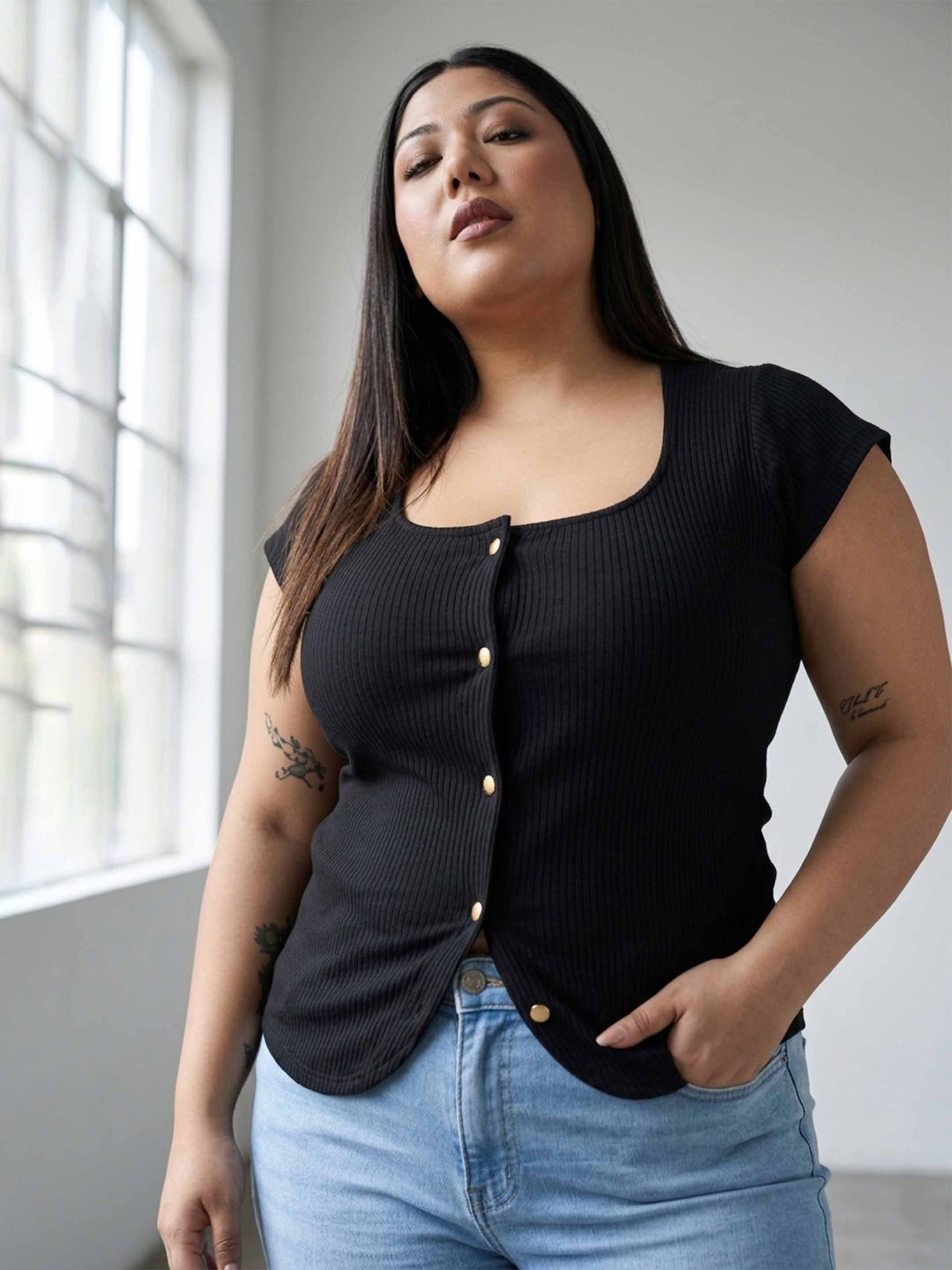 Women Black Rib Square-Neck Button Down Top