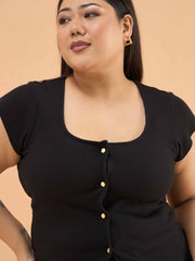Women Black Rib Square-Neck Button Down Top