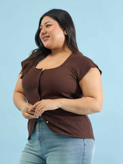 Women Brown Rib Square-Neck Button Down Top