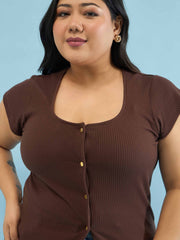 Women Brown Rib Square-Neck Button Down Top