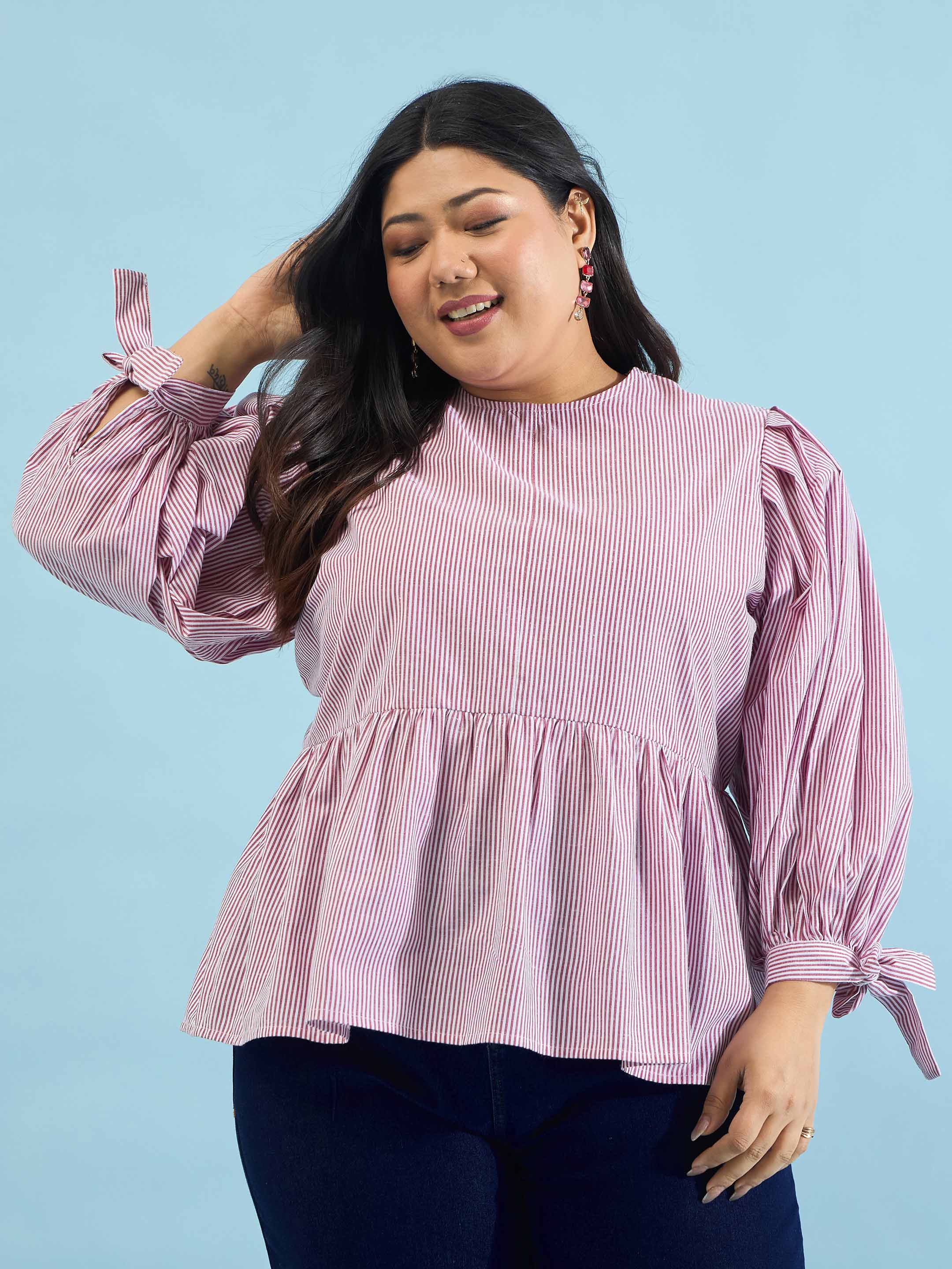 Women Maroon Stripes Sleeves Tie-Knot Peplum Top