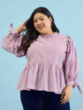 Women Maroon Stripes Sleeves Tie-Knot Peplum Top