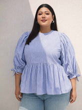 Women Blue Stripes Sleeves Tie-Knot Peplum Top