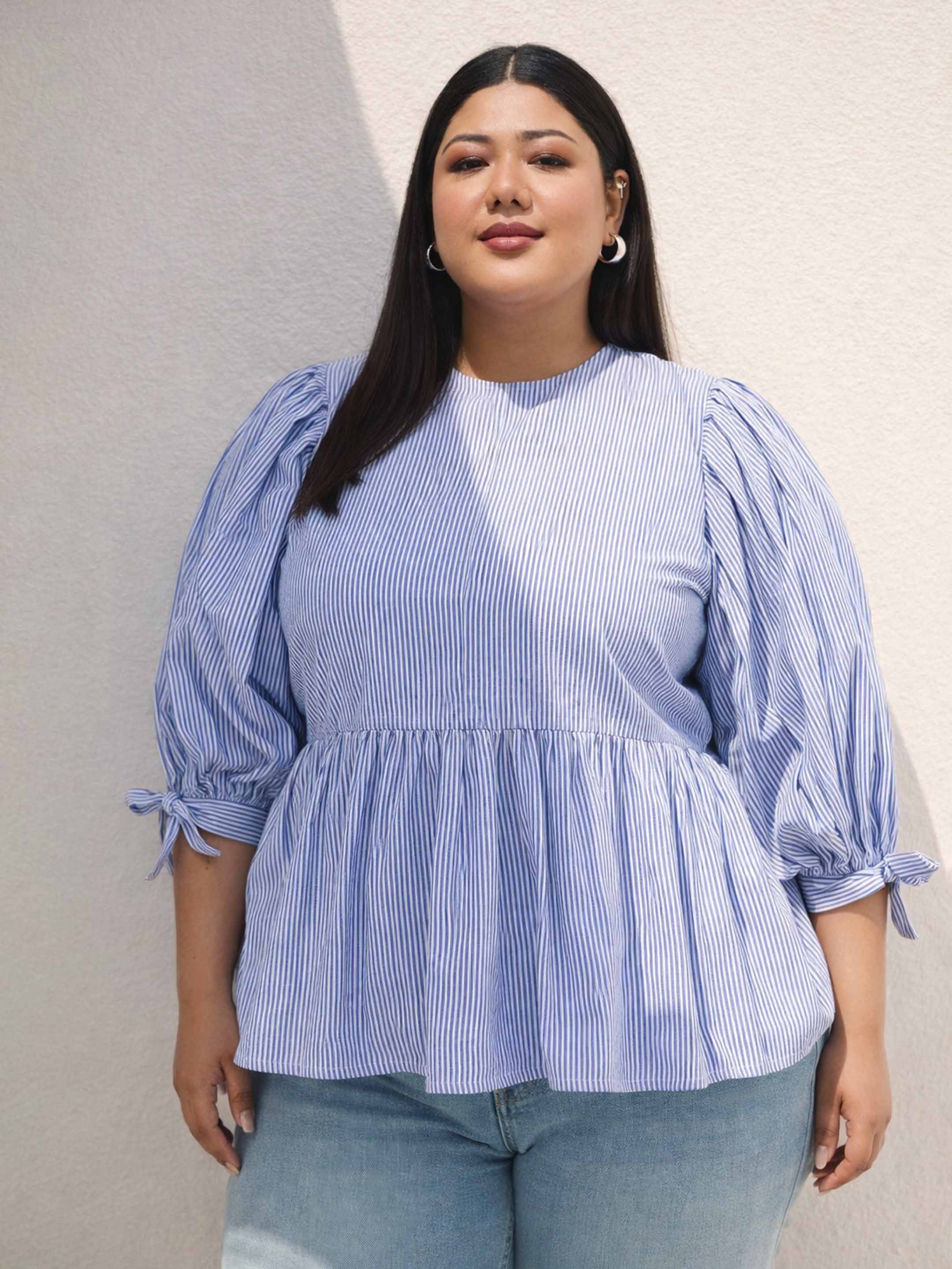 Women Blue Stripes Sleeves Tie-Knot Peplum Top