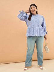 Women Blue Stripes Sleeves Tie-Knot Peplum Top
