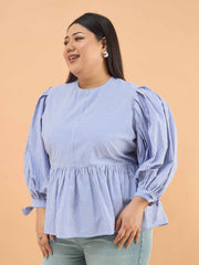 Women Blue Stripes Sleeves Tie-Knot Peplum Top