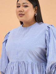 Women Blue Stripes Sleeves Tie-Knot Peplum Top
