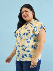 Women Yellow Floral Mandarin Collar Regular Top