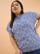 Women Blue Ditsy Floral Mandarin Collar Regular Top