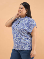 Women Blue Ditsy Floral Mandarin Collar Regular Top