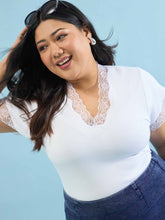 Women White Rib V Neck Lace Top