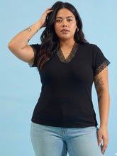 Women Black Rib V Neck Lace Top