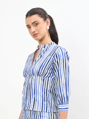 Women Blue Linen Striped V Neck Front Button Top