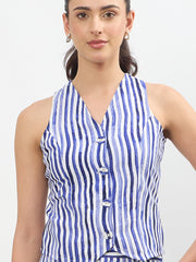 Women Blue Linen Striped V Neck Front Button Vest Top