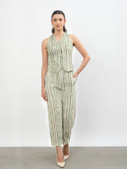 Women Green Linen Striped V Neck Front Button Vest Top