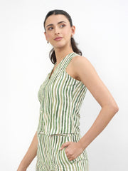 Women Green Linen Striped V Neck Front Button Vest Top